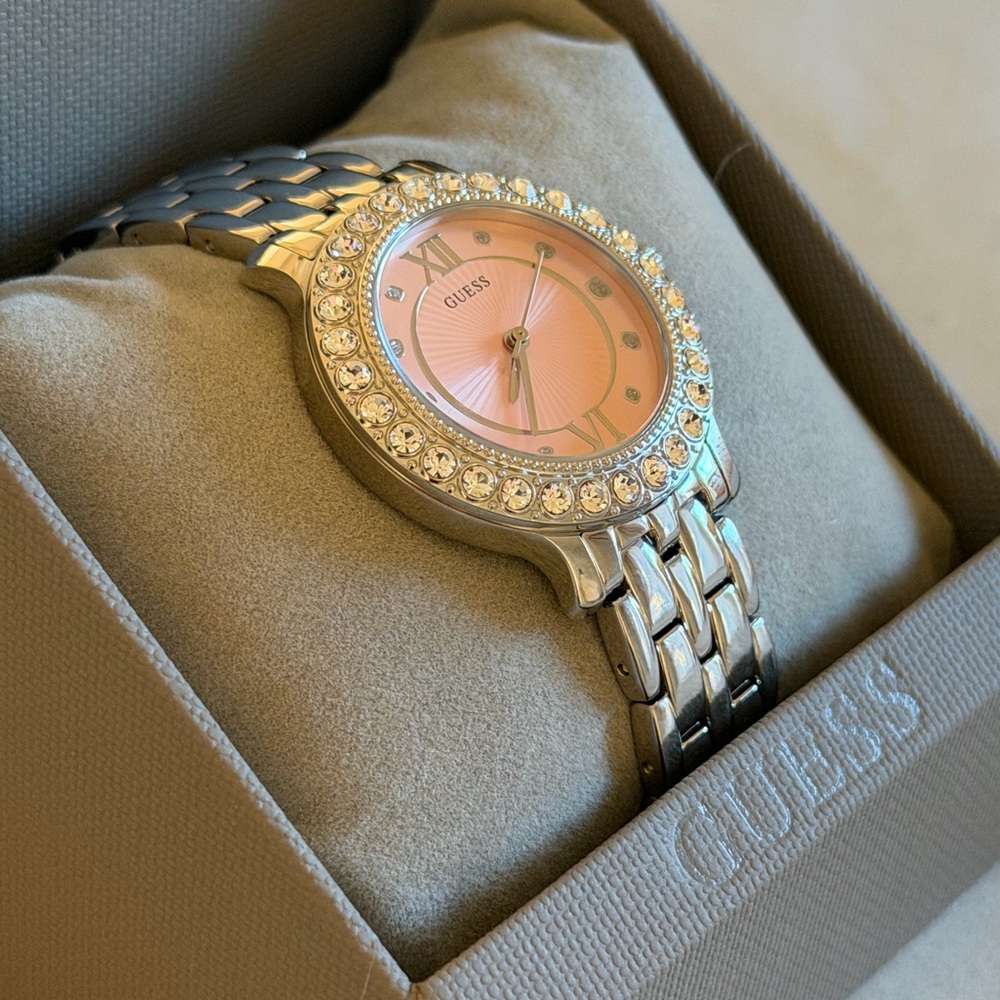 GUESS Silver Tone Bracelet Watch Pink Crystal Bezel Stainless Steel Women’s - Picture 10 of 11